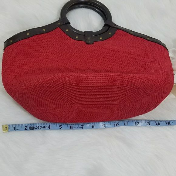 Red Straw Purse Round Wooden Handles 3 Pockets - Picture 4 of 8